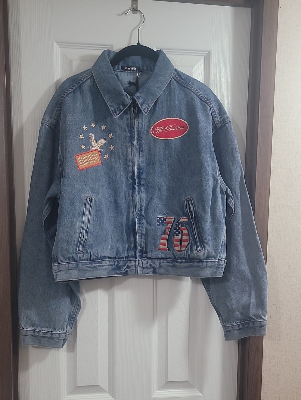 All American Cropped Denim Jacket with Patriotic Patches
